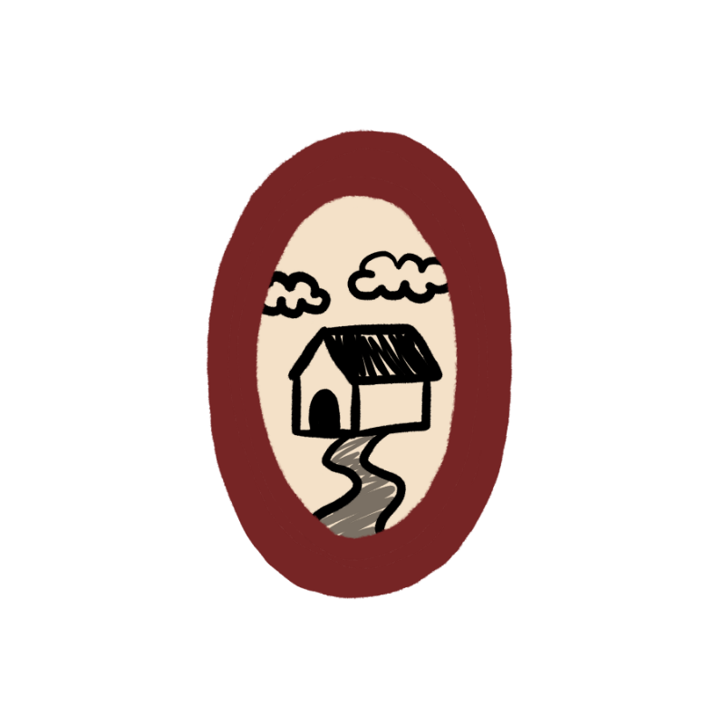 A stylized oval emblem or logo featuring a small house with a dark roof, a winding path, two clouds, and a cream center field surrounded by a dark red border on a white background.