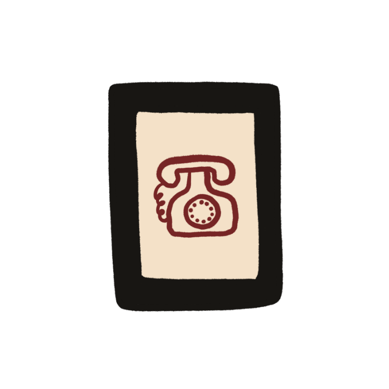 A square patch featuring a retro rotary telephone illustration. The design has a thick black border, a cream-colored center, and a dark red phone graphic, shown on a plain white background.